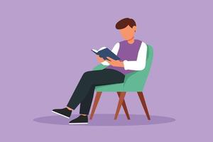 Character flat drawing smart guy reads book in chair. Side view of exiting process of learning by young male. Style of boy spending spare time by reading literature. Cartoon design vector illustration