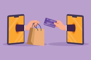 Graphic flat design drawing two hands out of smartphone screen to exchange shopping bag with credit card. Sale, digital payment technology. Online store and trading. Cartoon style vector illustration