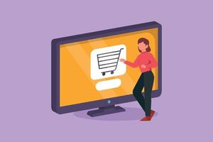 Graphic flat design drawing young woman standing and buying online via computer screen with shopping cart inside. Digital lifestyle, technology consumerism concept. Cartoon style vector illustration