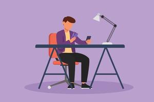 Character flat drawing young man sitting at desk and typing entering credit card code on smartphone. Online store, e-shop, e-commerce, digital payment tech concept. Cartoon design vector illustration