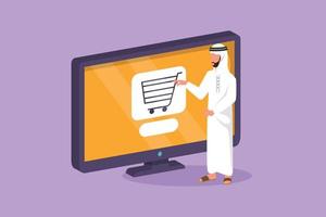 Cartoon flat style drawing Arab man standing and buying online via giant computer screen with shopping cart inside. Digital lifestyle, business consumerism concept. Graphic design vector illustration