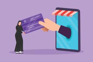 Character flat drawing Arab female inserting credit card into large canopy smartphone screen and accepted by big hand. Digital payment and online store technology. Cartoon design vector illustration