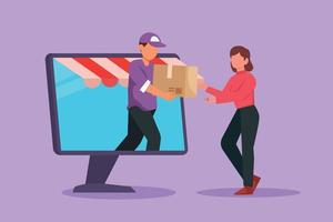 Graphic flat design drawing male courier comes out of canopy monitor computer screen and gives package box to female customer. Fast respond online delivery metaphor. Cartoon style vector illustration