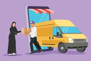 Graphic flat design drawing delivery box car comes out from smartphone screen and male courier gives package box to Arab female customer. Online store transportation. Cartoon style vector illustration