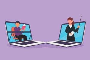 Cartoon flat style drawing two laptops are standing in front of each other, one side contains male student studying and the other contains female teacher teaching. Graphic design vector illustration