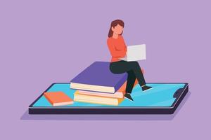 Graphic flat design drawing beauty smart female college student sitting on pile of book while typing laptop on smartphone screen. Learning online education concept. Cartoon style vector illustration