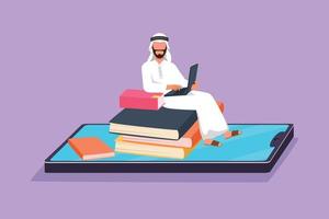 Cartoon flat style drawing Arabian male college student sitting on pile of book while typing on laptop on smartphone screen. Online digital learn education concept. Graphic design vector illustration