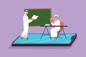 Cartoon flat style drawing of young Arabian male teacher teaching smart boy junior high school student who sitting on chair near desk and study on smartphone screen. Graphic design vector illustration