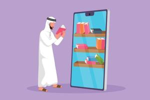 Graphic flat design drawing Arab male student reading book while standing in front of large smartphone with bookshelf on screen. Mobile education technology concept. Cartoon style vector illustration