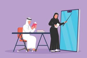 Graphic flat design drawing female teacher standing in front of smartphone screen holding book, teaching Arab senior high school student sitting on chair near desk. Cartoon style vector illustration