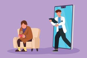 Graphic flat design drawing female patient having fever sitting on sofa, using blanket, holding mug and there is male doctor walking out of smartphone with clipboard. Cartoon style vector illustration