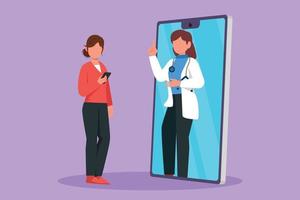 Character flat drawing female patient holding smartphone standing facing giant smartphone and consulting female doctor. Doctor online or digital healthcare concept. Cartoon design vector illustration