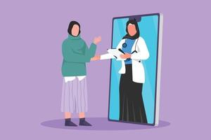 Character flat drawing Arab woman patient shaking hand with beauty female doctor coming out of smartphone and holding clipboard. Online medical consultation concept. Cartoon design vector illustration