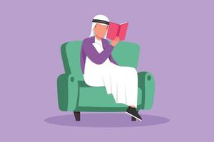 Graphic flat design drawing Arab man reading book sitting in armchair in cozy living room interior. Intellectual manner. Person relaxes after work sitting on couch. Cartoon style vector illustration