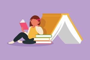 Graphic flat design drawing little girl reading, learning and leaning on pile of big books. Study at school. Smart student get education. Intellectual and knowledge. Cartoon style vector illustration