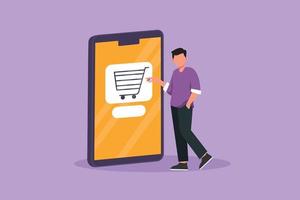 Cartoon flat style drawing young man standing and buying online via giant smartphone screen with shopping cart inside. Sale, digital lifestyle, consumerism concept. Graphic design vector illustration