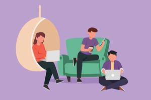 Cartoon flat style drawing group of people with laptop computer at home. Man on couch, male sit on floor, woman sitting on swing chair, typing or studying together. Graphic design vector illustration
