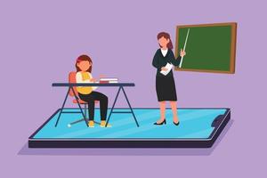 Character flat drawing beautiful female teacher teaching cute little girl junior high school student who sitting on chair near desk and studies on smartphone screen. Cartoon design vector illustration