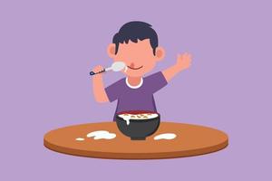 personaje plano dibujo niño desayunando cereales. niño feliz comiendo copos de cereal sentado en la mesa. actividad del horario del día de los niños o rutina diaria. ilustración vectorial de diseño de dibujos animados vector