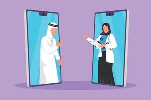 Cartoon flat style drawing two smartphone face to face contain male patient talking online with Arab female doctor while holding clipboard. Online digital medical. Graphic design vector illustration