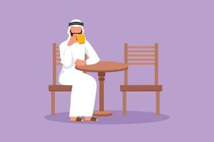 Cartoon flat style drawing young Arabian businessman relaxing while sitting at table and drinking hot flavored coffee at restaurant. Breakfast morning daily concept. Graphic design vector illustration