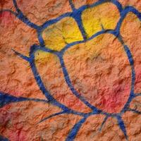 Fragment of graffiti drawings. The old wall decorated with paint stains in the style of street art culture. Orange flower photo