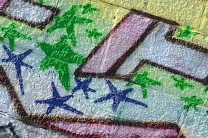 Fragment of graffiti drawings. The old wall decorated with paint stains in the style of street art culture. Colored background texture in green tones photo