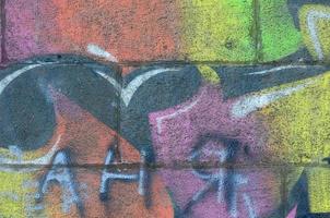 Fragment of graffiti drawings. The old wall decorated with paint stains in the style of street art culture. Multicolored background texture photo