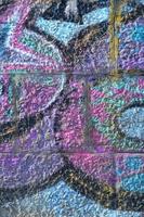 Fragment of graffiti drawings. The old wall decorated with paint stains in the style of street art culture. Colored background texture in purple tones photo