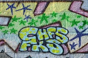 Fragment of graffiti drawings. The old wall decorated with paint stains in the style of street art culture. Colored background texture in green tones photo