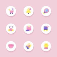 Cute Kawaii Pink, Purple, Yellow Sophisticated Shopping E-Commerce UI Icons for Apps vector
