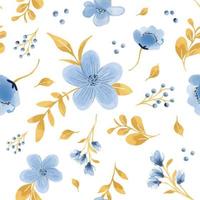 azul y oro falso dibujado a mano floral y follaje acuarela patrón sin costuras vector