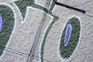 Fragment of graffiti drawings. The old wall decorated with paint stains in the style of street art culture. Colored background texture in purple tones photo