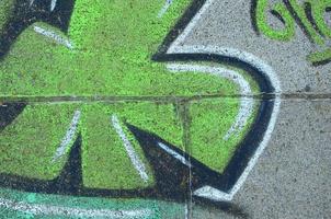 Fragment of graffiti drawings. The old wall decorated with paint stains in the style of street art culture. Colored background texture in green tones photo