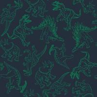 Dinosaurs drawn on a black background with a green outline in the style of a pattern. Vector illustration.