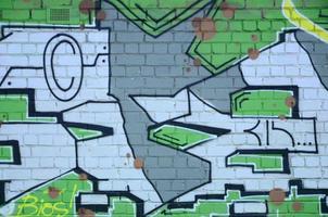 Fragment of graffiti drawings. The old wall decorated with paint stains in the style of street art culture. Colored background texture in green tones photo