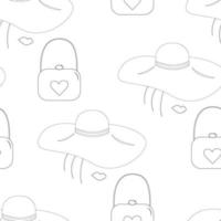 An endless pattern of a stylized female face with wide brimmed hat and purse in different positions vector