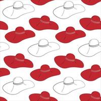 An endless pattern of a stylized female widebrimmed hat in red and white in different positions. vector