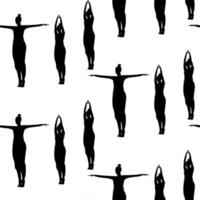 Endless pattern of silhouette woman doing yoga asana with arms raised up and in different directions vector
