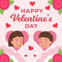 feliz día de san valentín con una pareja enamorándose en una ilustración de estilo de diseño plano vector