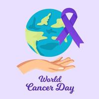 world cancer day with hand, earth, and purple ribbon vector