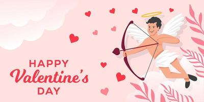 banner horizontal plano feliz día de san valentín con ilustración de cupido vector