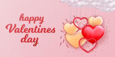 happy valentines day with realistic hanged love below clouds illustration vector