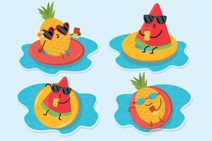 piña y sandía en la colección de playa de elementos de ilustración plana de diseño vectorial simple y elegante vector