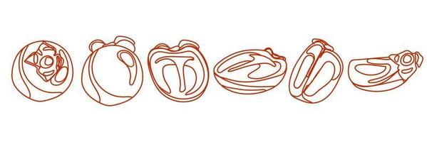 A set of linear drawings of persimmons on a white background. Orange lines on a white background. Peel the persimmon whole and cut into different parts. Packaging, an icon for a fruit brand. Icon vector