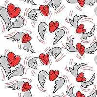 A pattern of hearts with wings in different poses. White contour lines on a pink background. Seamless pattern with repeating contour patterns. Suitable for printing on textiles and paper. Packaging vector