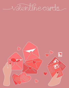 postales y sobres con las manos. postales manuscritas aisladas y sobres con sellos postales. embalaje de postales y cartas. colección moderna de diseños de cartas de amor y amistad vector