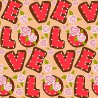 A pattern of a set of letters love in the form of cookies with icing. Ginger cookies in the shape of letters with a different contour of glaze. Background for printing a postcard with cookies vector