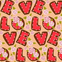 A pattern of a set of letters love in the form of cookies with icing. Ginger cookies in the shape of letters with a different contour of glaze. Background for printing a postcard with cookies vector