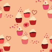 Cupcake of different colors. Whipped cream, ganache and chocolate. Background with dots and hearts. A hand-drawn contour illustration. Vector seamless pattern with baking.
